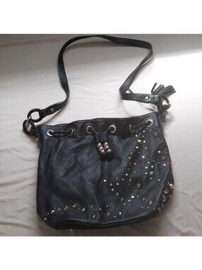 Charles David Black Soft Studded Leather Snap Closure Bucket Crossbody Handbag